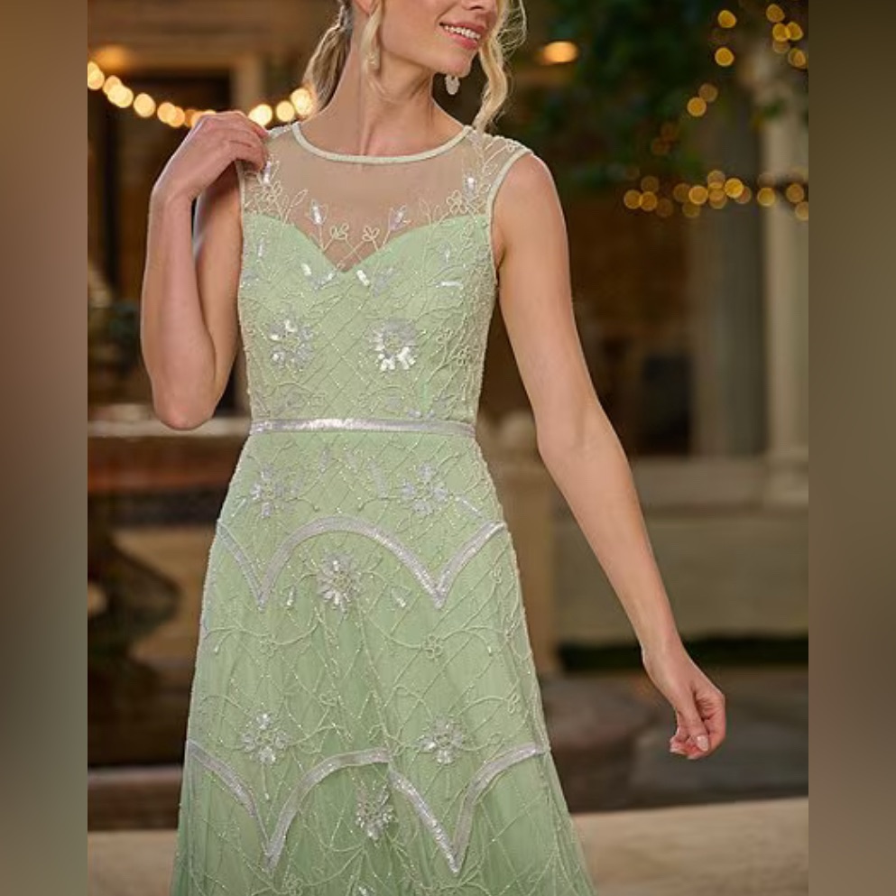 Adrianna Papell Beaded Ankle-Length With Sheer Neckline In Aloe Mist Sz 14